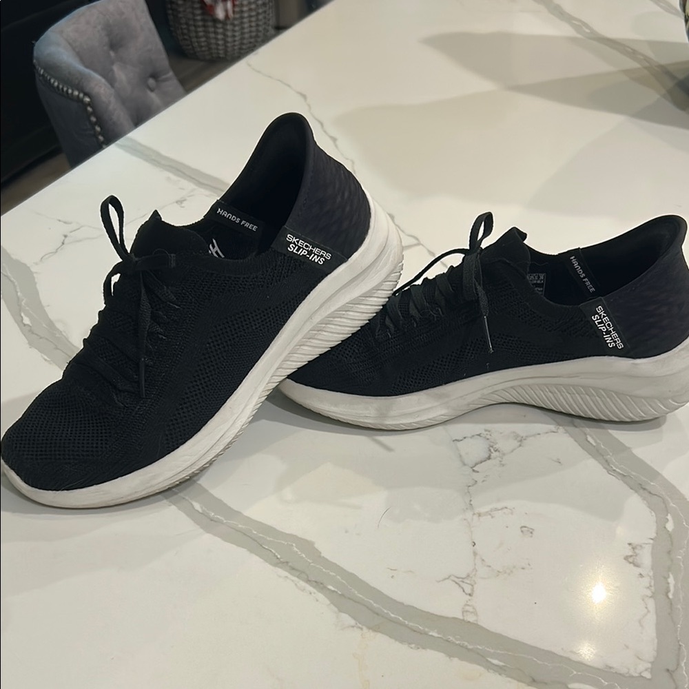 Sketchers hands free slip on Black and White Athletic Sneakers